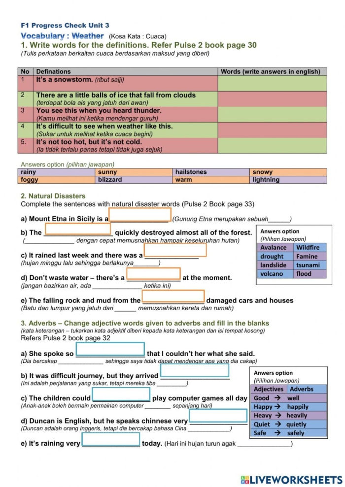 Answering Questions About Wild, Wild Weather worksheet number 24 Third grade student practicing reading comprehension by answering questions about extreme weather patterns