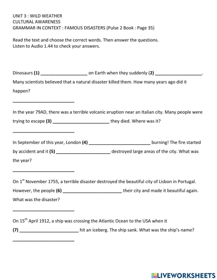Answering Questions About Wild Wild Weather Worksheet 9 Third grade students practice reading comprehension by answering text-dependent questions about wild weather patterns.