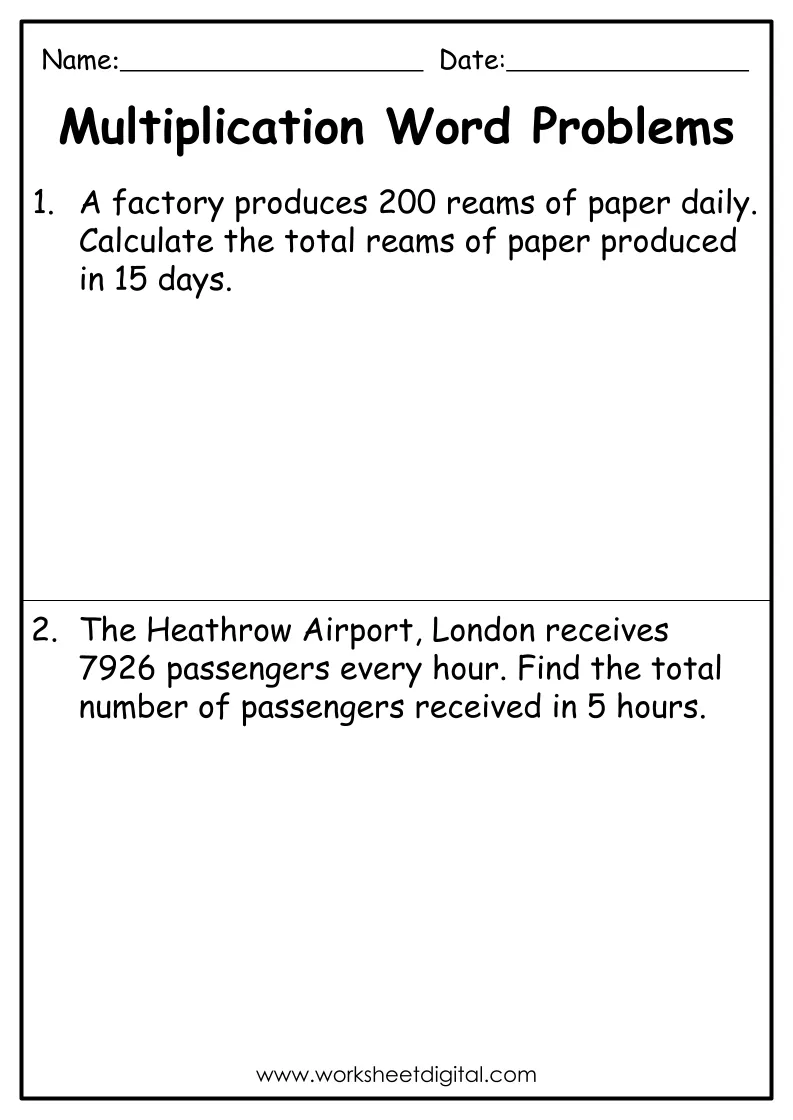 Fourth grade multiplication word problems featuring animal-themed scenarios with multi-digit numbers for ratios and proportions practice