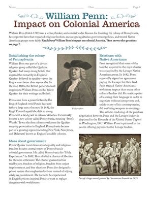 Worksheet on William Penn's influence in Colonial America for sixth graders