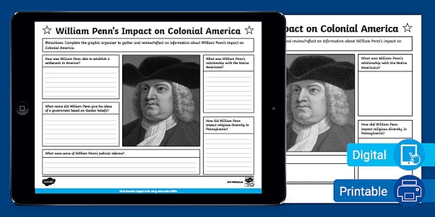 Worksheet featuring William Penn's influence on Colonial America for sixth graders