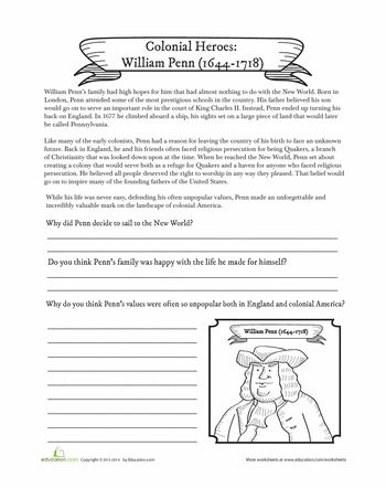 Worksheet focusing on William Penn's influence on Colonial America for sixth graders