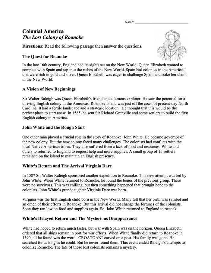 Worksheet featuring William Penn's contributions to Colonial America for sixth graders
