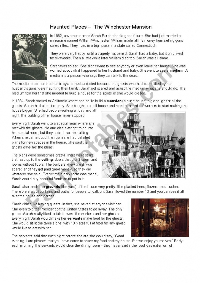 Educational resource on the history and mysteries of the Winchester Mystery House Worksheet featuring comprehension questions about the Winchester Mystery House for fifth graders