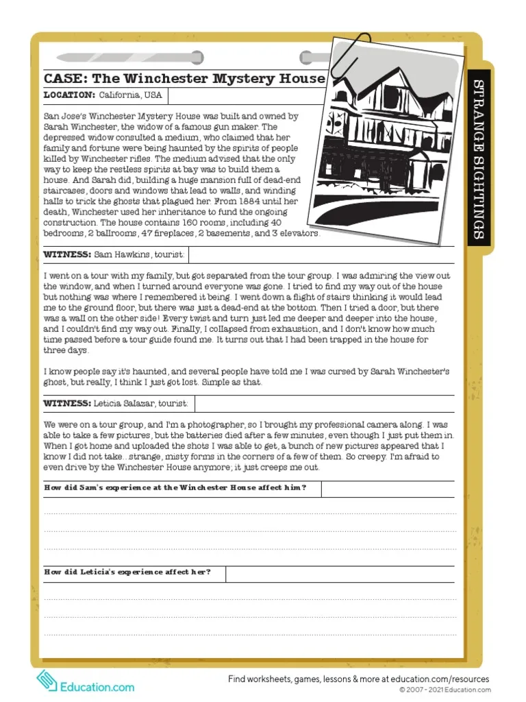 Winchester Mystery House reading and counting exercise for fifth grade students Fifth grade math worksheet featuring historical facts and reading comprehension questions about the Winchester Mystery House