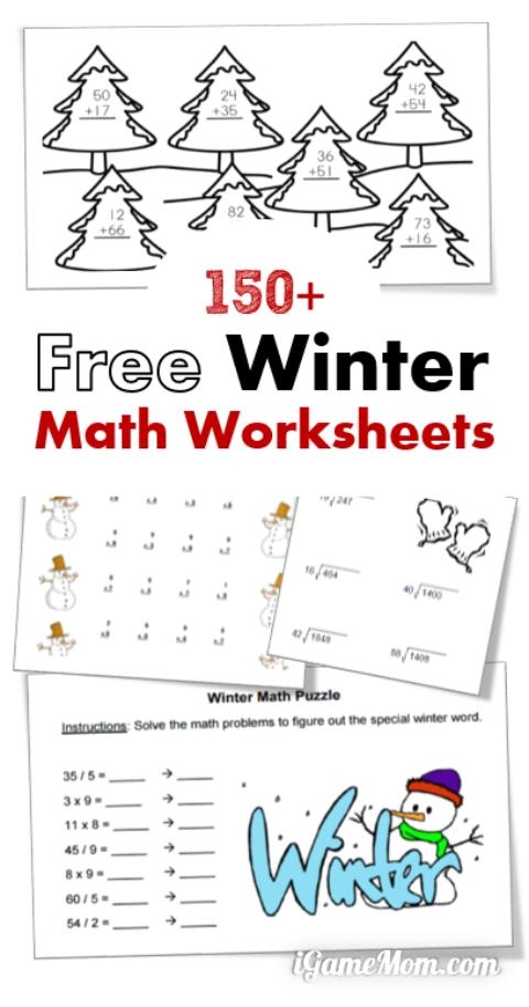 Winter Math worksheet featuring single-digit addition for first graders