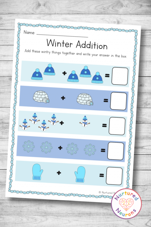 Kindergarten winter-themed addition worksheet with cute seasonal graphics for math practice