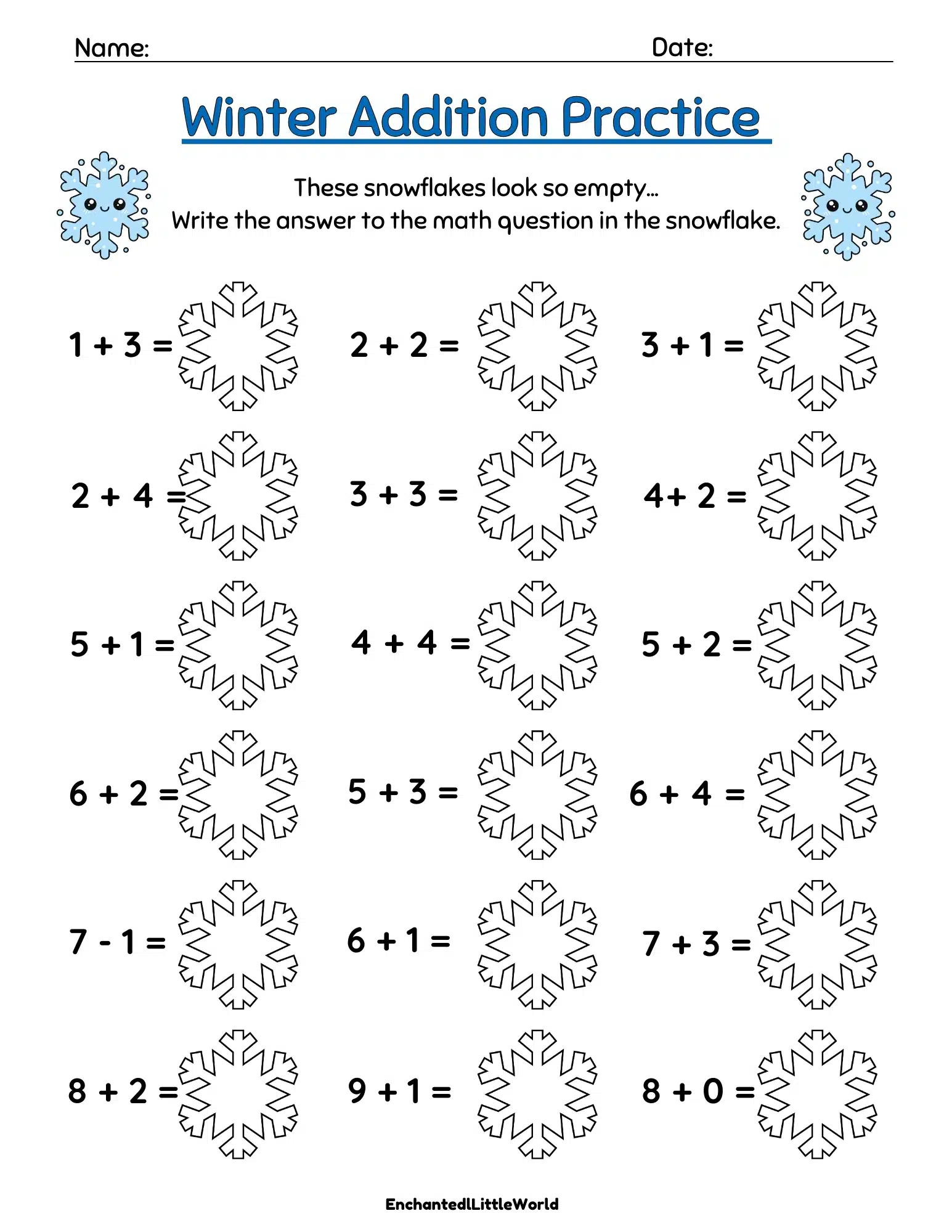 Kindergarten student solving a winter-themed addition problem on an educational worksheet
