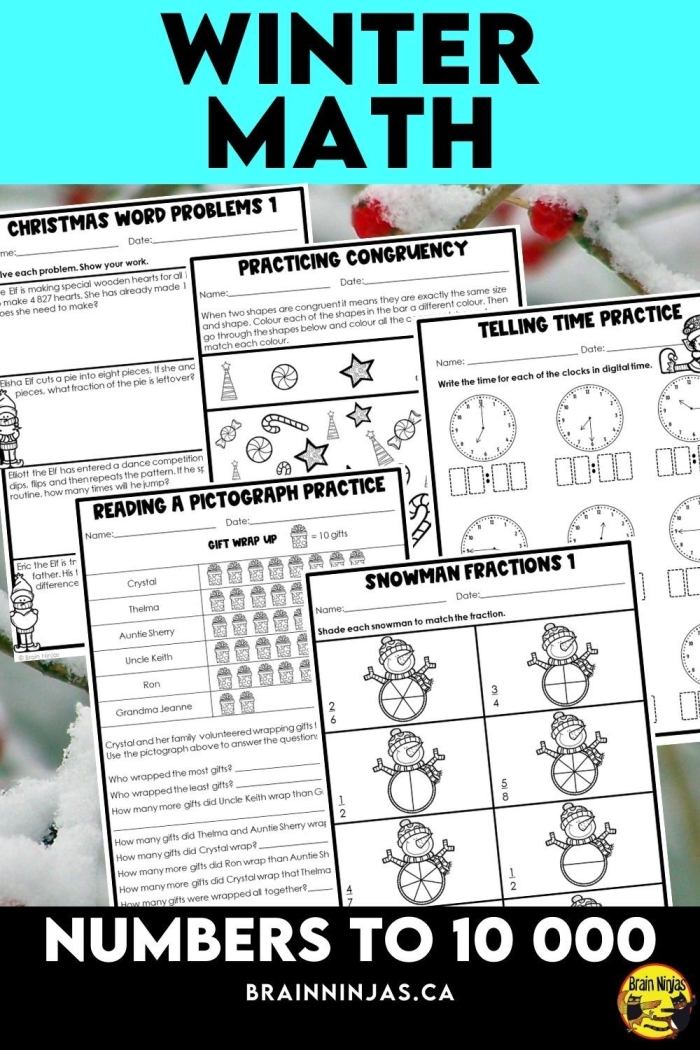 Winter math worksheet for first graders featuring single-digit addition problems