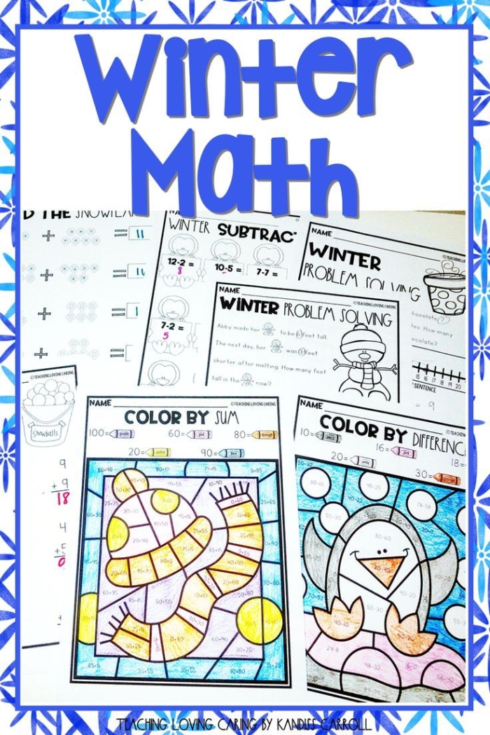 Winter Math worksheet for first graders focusing on single-digit addition skills