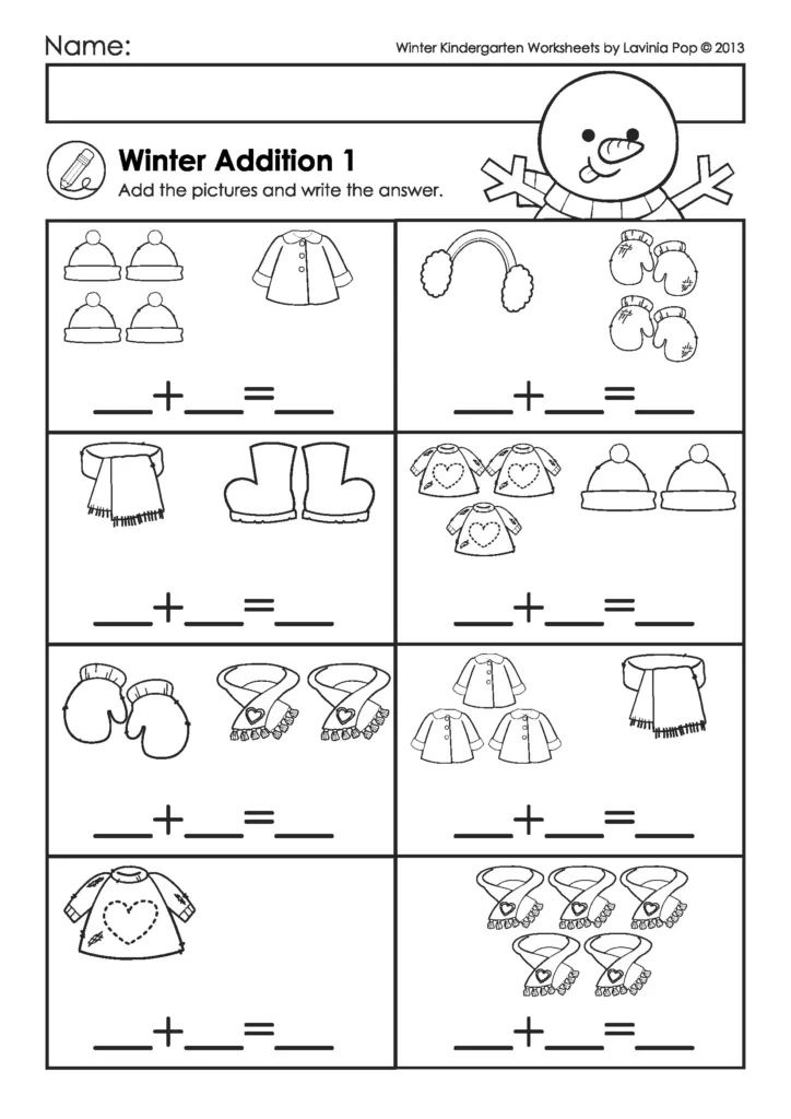 Kindergarten winter addition math worksheet with seasonal snowy graphics