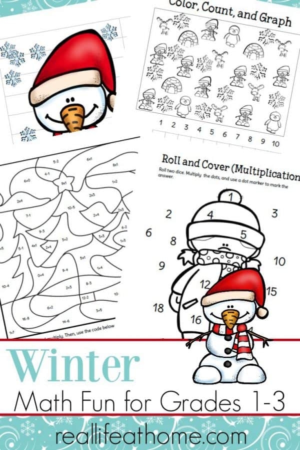 First grade student practicing single digit addition on a festive winter themed math worksheet