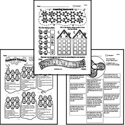 First grade student solving single-digit winter math addition problems on a printable worksheet
