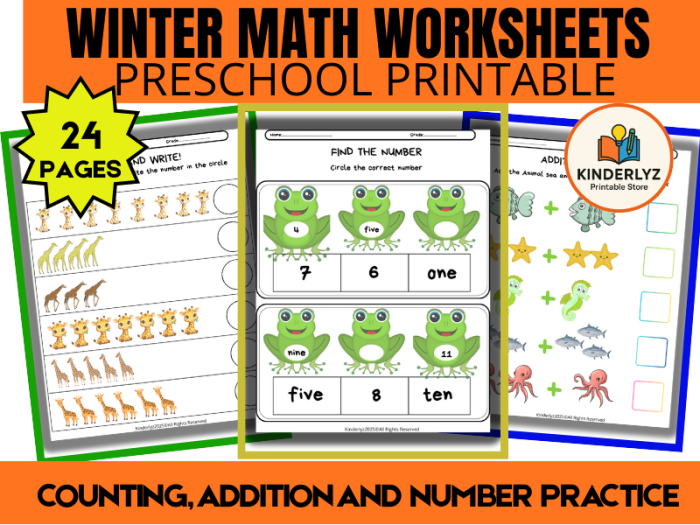 Winter-themed addition worksheet for kindergarten students to practice math skills