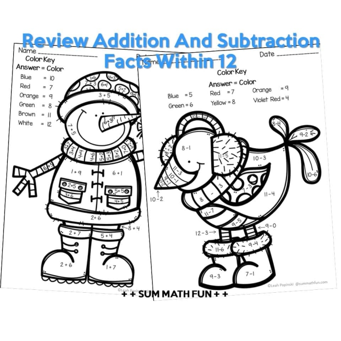 Kindergarten student completing a winter-themed addition math worksheet numbered 23