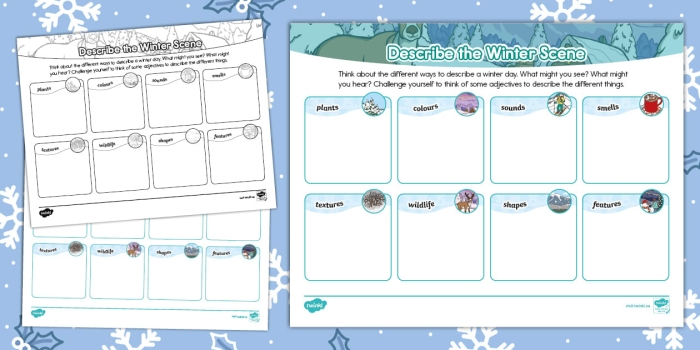 Second grade student practicing winter adjectives on a creative writing worksheet