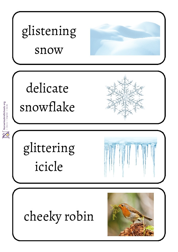 Second grade students practicing winter adjectives on a creative writing worksheet