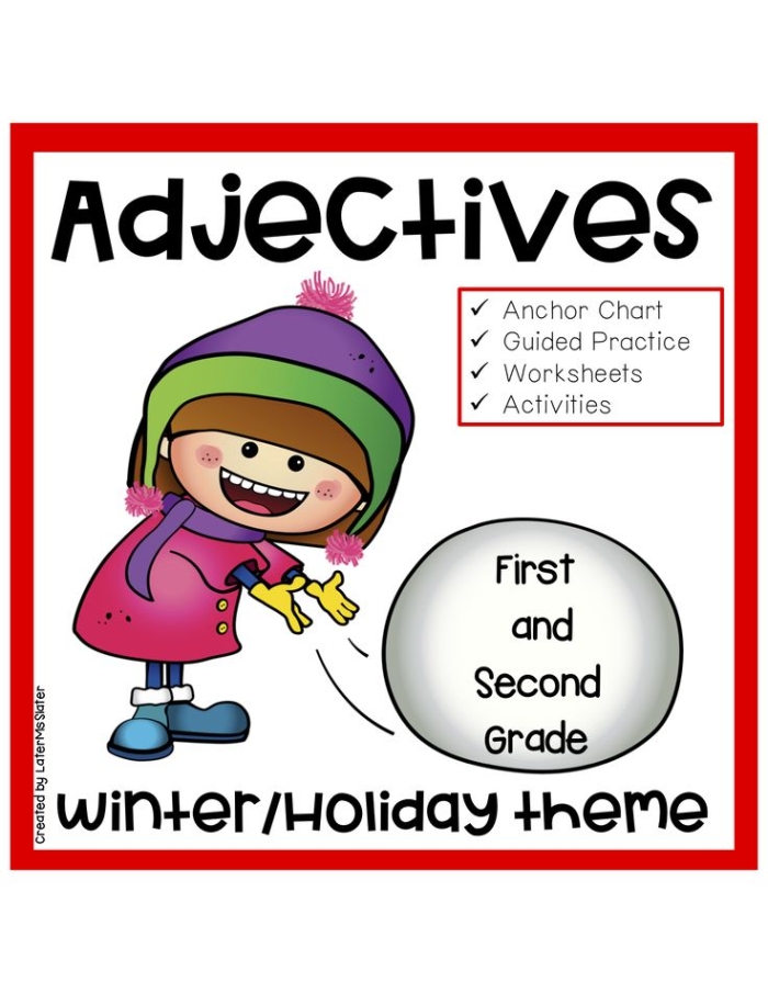 Second grade students completing winter adjectives worksheet with sentences about snowy scenes and cold weather