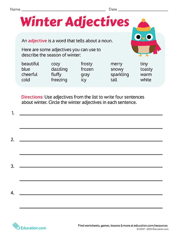 Second grade students practice writing winter sentences with descriptive adjectives on a grammar worksheet