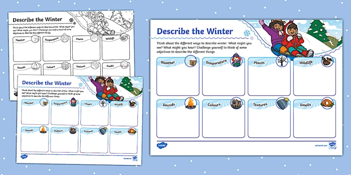 Second grade students practicing winter adjectives by writing descriptive sentences on a grammar worksheet