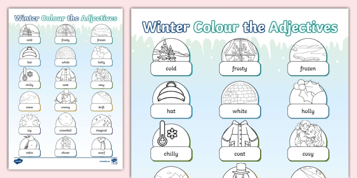 Second grade students completing winter adjectives practice worksheet with snowflake and winter scene illustrations