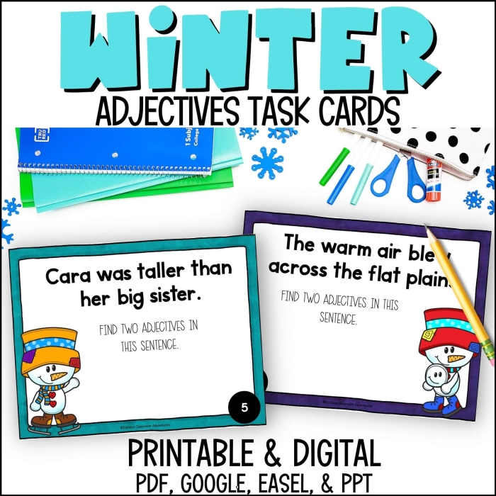 Second grade students completing a winter adjectives worksheet with spaces to write sentences using descriptive winter words