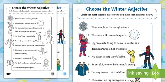 Second grade students completing a winter adjectives writing worksheet with sentences and winter illustrations