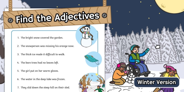 Second grade winter adjectives worksheet with seasonal writing prompts