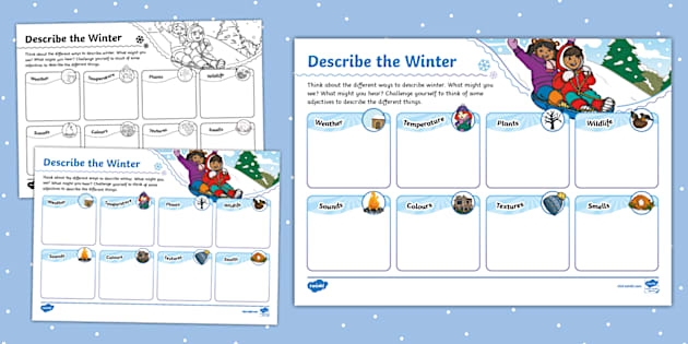 Second grade students practicing winter adjectives by writing descriptive sentences on a grammar worksheet