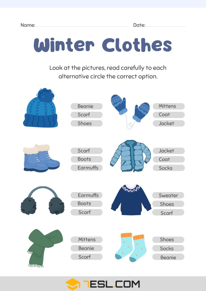 Winter clothes worksheet for kids to circle items related to dressing for cold weather