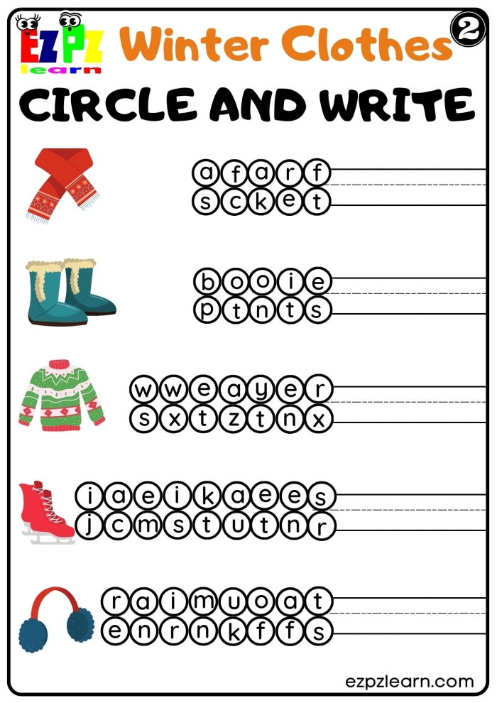 Children's worksheet featuring winter clothes to circle