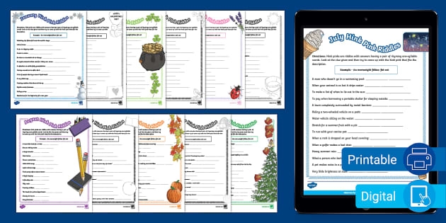 Winter Hink Pink Riddles worksheet featuring 15 fun rhyming puzzles for fourth graders