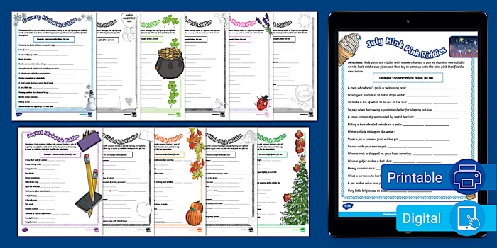 Winter Hink Pink Riddles worksheet featuring 15 engaging rhyming puzzles for fourth graders