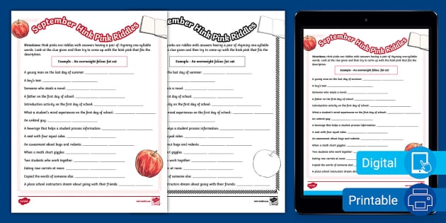 Fourth grade student solving a Winter Hink Pink word puzzle worksheet with fifteen rhyming riddles