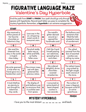 Sixth grade worksheet featuring a winter-themed figurative language maze for identifying hyperbole