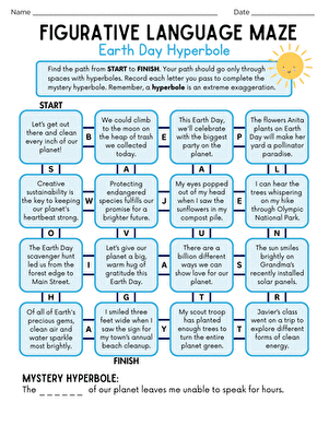 A winter-themed maze puzzle where students trace paths through hyperbole examples to practice figurative language skills for sixth grade