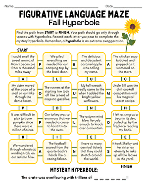 A winter-themed maze puzzle with hyperbole examples scattered throughout the path for students to identify figurative language