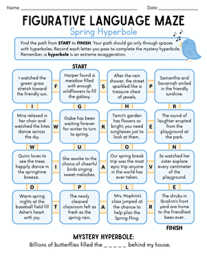 Figurative Language Maze: Winter Hyperbole worksheet for Sixth Grade