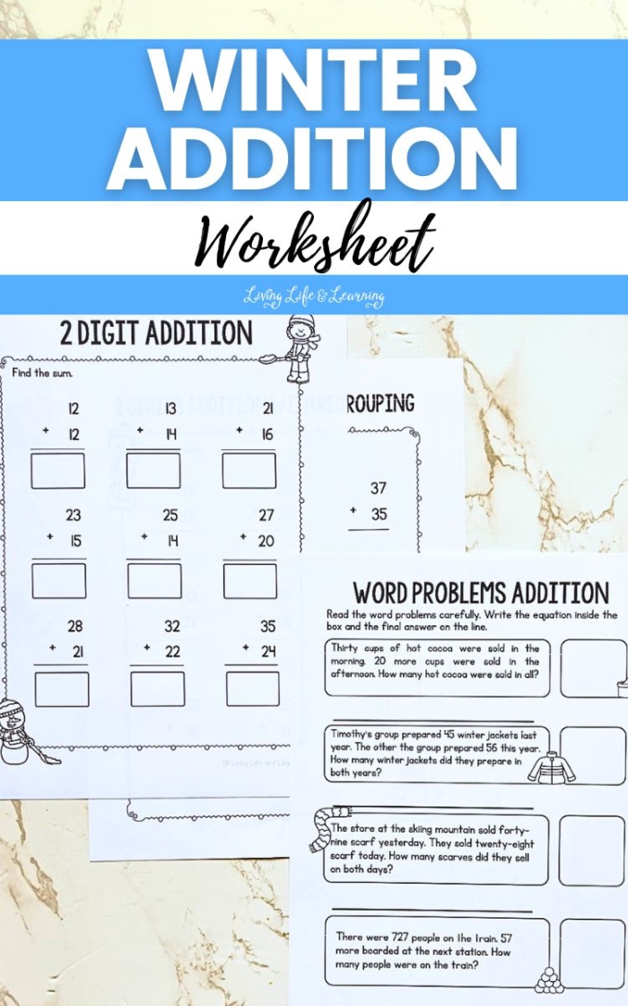 First grade student working on a winter themed single digit addition worksheet