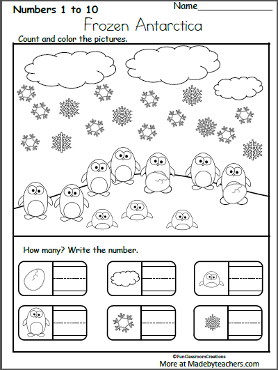 Kindergarten winter-themed addition worksheet for practicing math skills