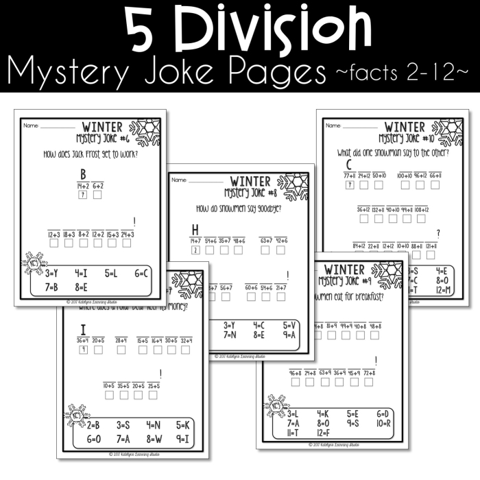 Fourth grade student solving winter multiplication and division word problems on a printable worksheet