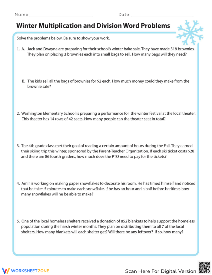 Fourth grade student solving winter themed multiplication and division word problems on a printable worksheet