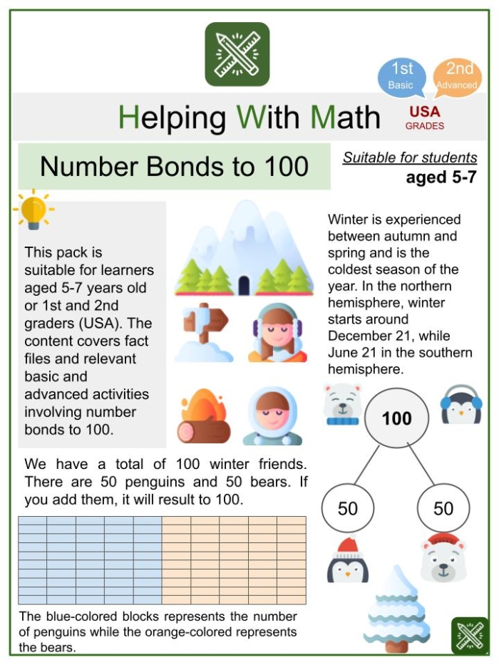 Winter Math worksheet for first graders focusing on single-digit addition skills