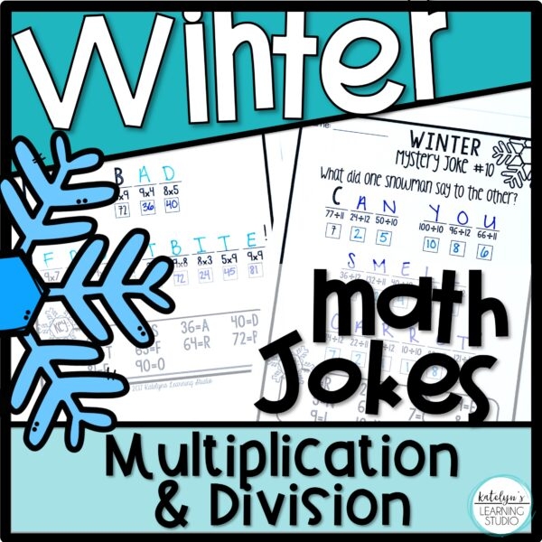 Fourth grade students solving winter themed multiplication and division word problems on a worksheet