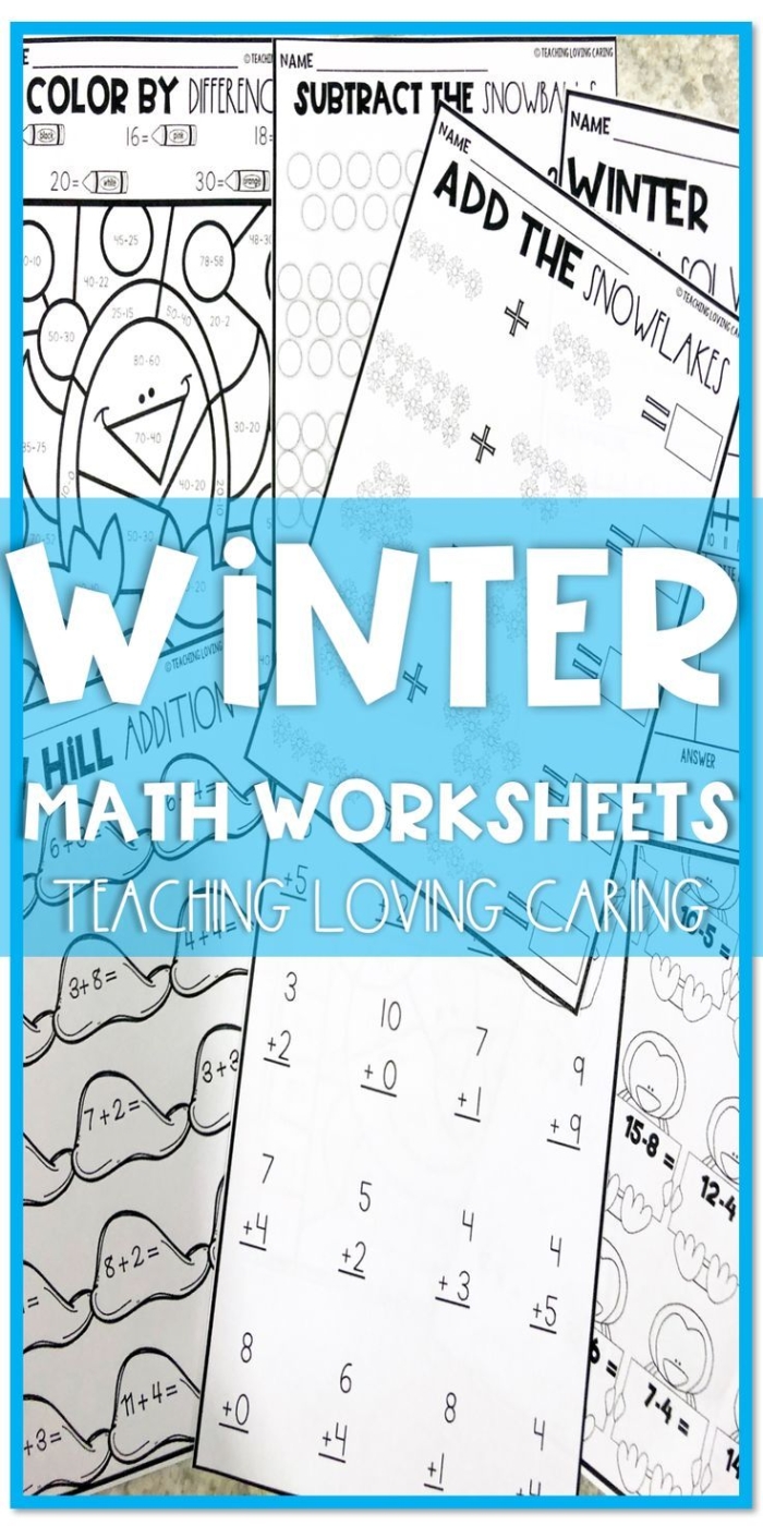 Winter Math worksheet featuring single-digit addition problems for first graders