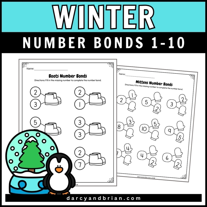 First grade student practicing single digit addition on a winter themed math worksheet