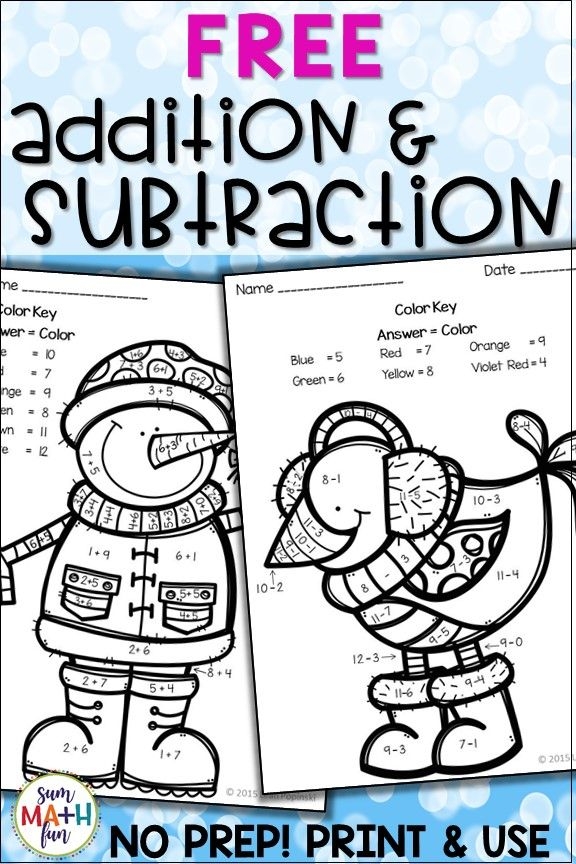 Winter Math worksheet for first graders focusing on single-digit addition
