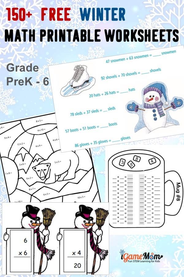 First grade student practicing single-digit addition with a seasonal winter math worksheet