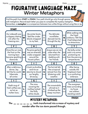 Sixth grade student solving a winter-themed figurative language maze worksheet focused on identifying metaphors
