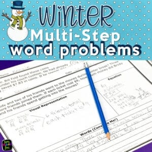 Third grade students solving winter themed multi-step mixed operations fraction word problems on a printable worksheet